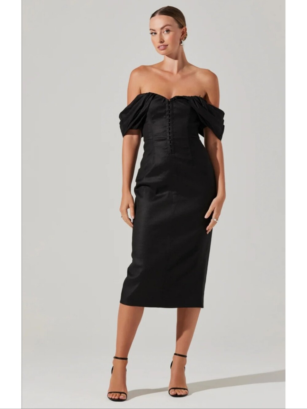 Astr Opal Black Off-Shoulder Draped Midi Dress